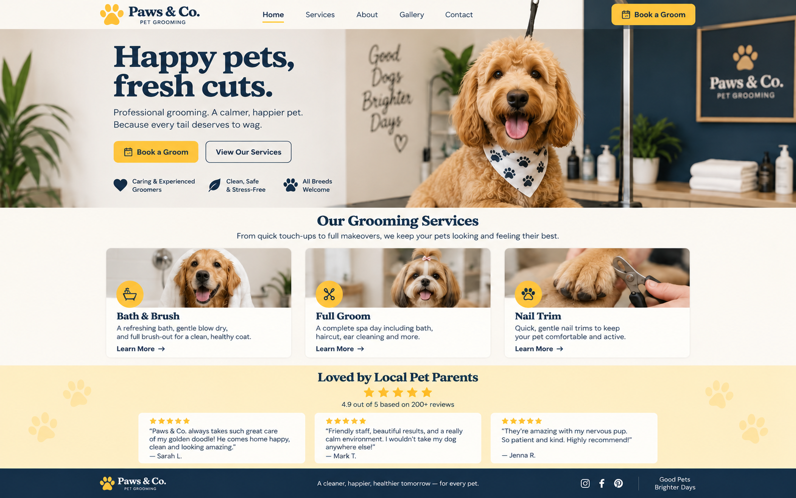Paws & Co. Pet Grooming demo website on a desktop screen