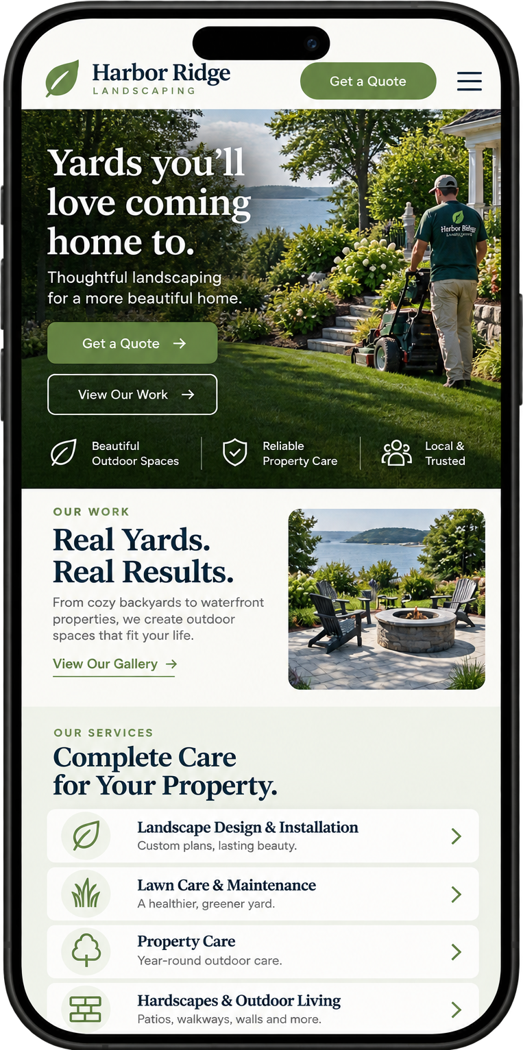 Harbor Ridge Landscaping demo website on a phone