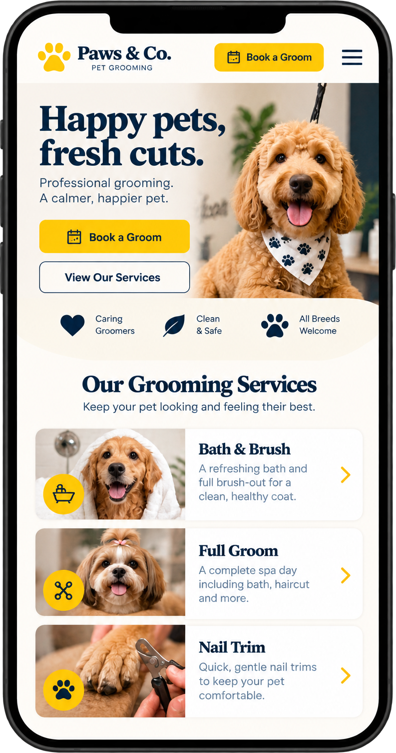 Paws & Co. Pet Grooming demo website on a phone