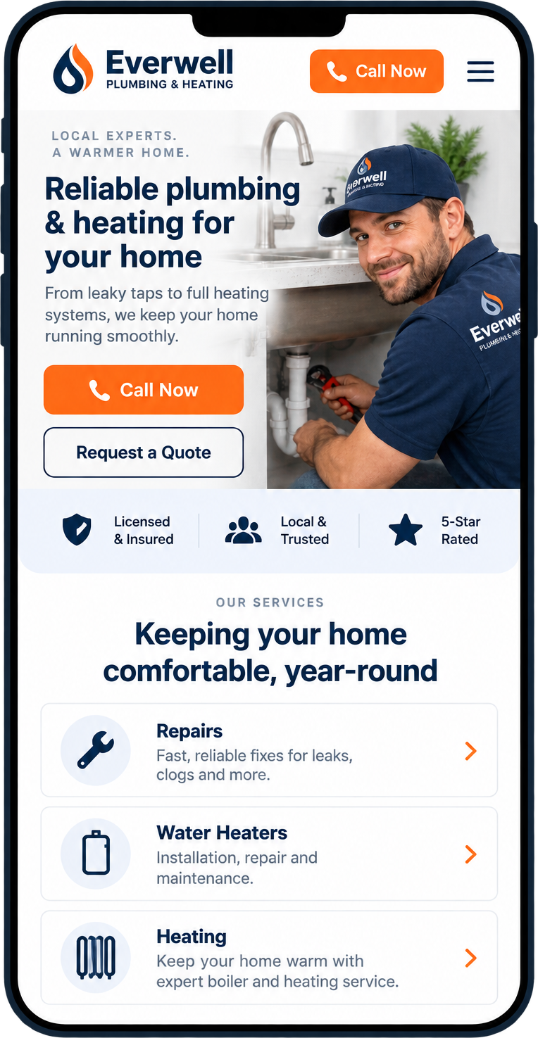 Everwell Plumbing & Heating demo website on a phone