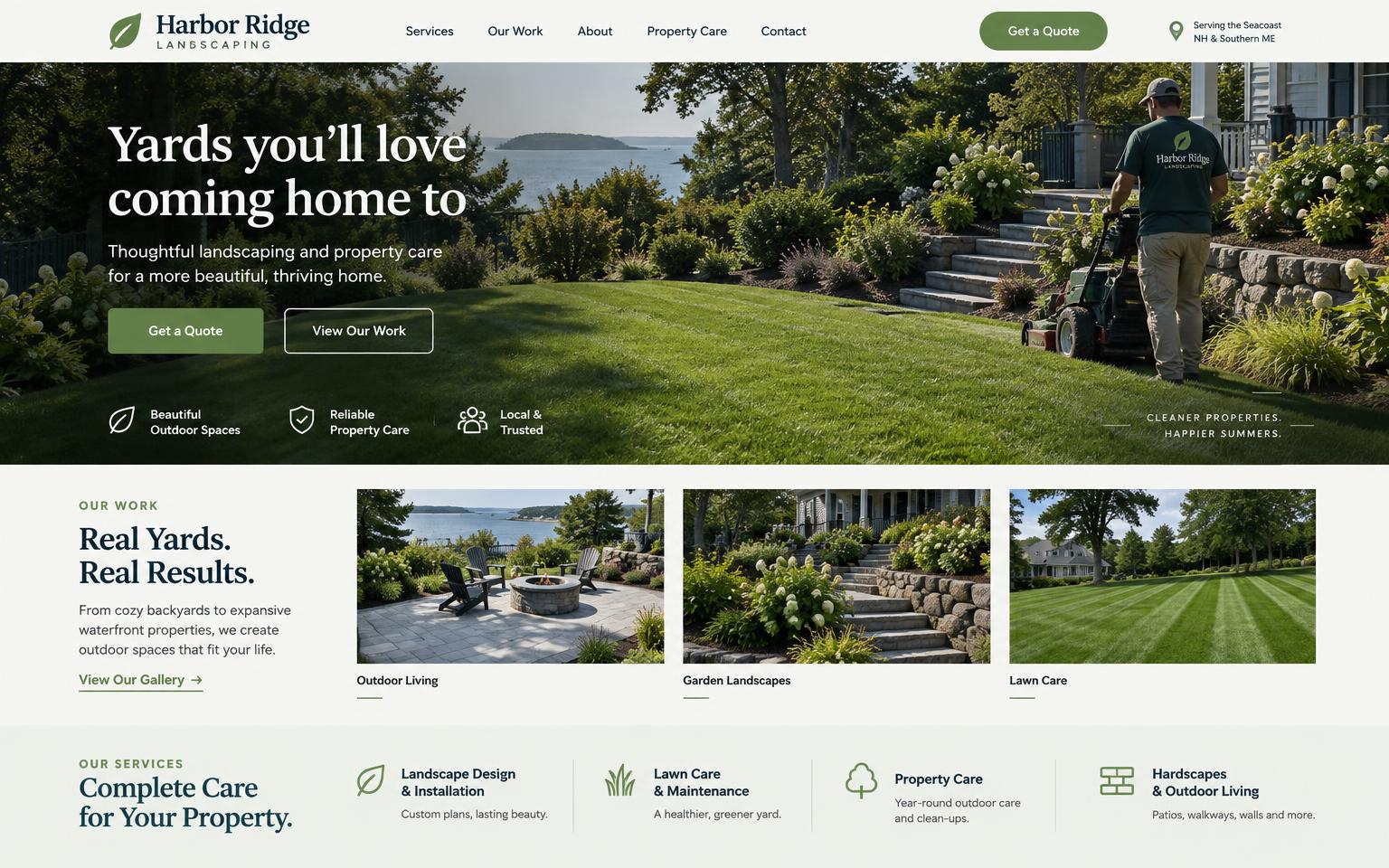 Harbor Ridge Landscaping demo website on a desktop screen