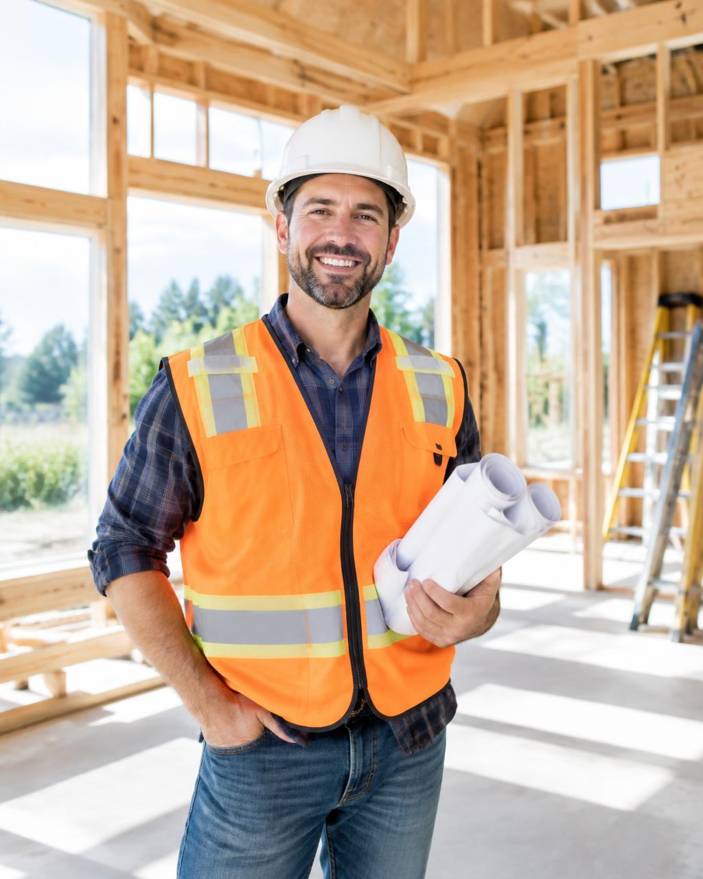 Contractor in a hard hat holding blueprints at a home construction site